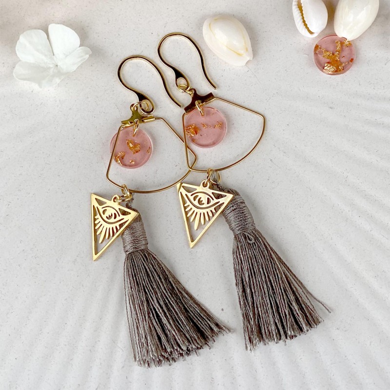 Collection Miroir d'Âmes - Boucles d'oreilles pompon Taupe et rose