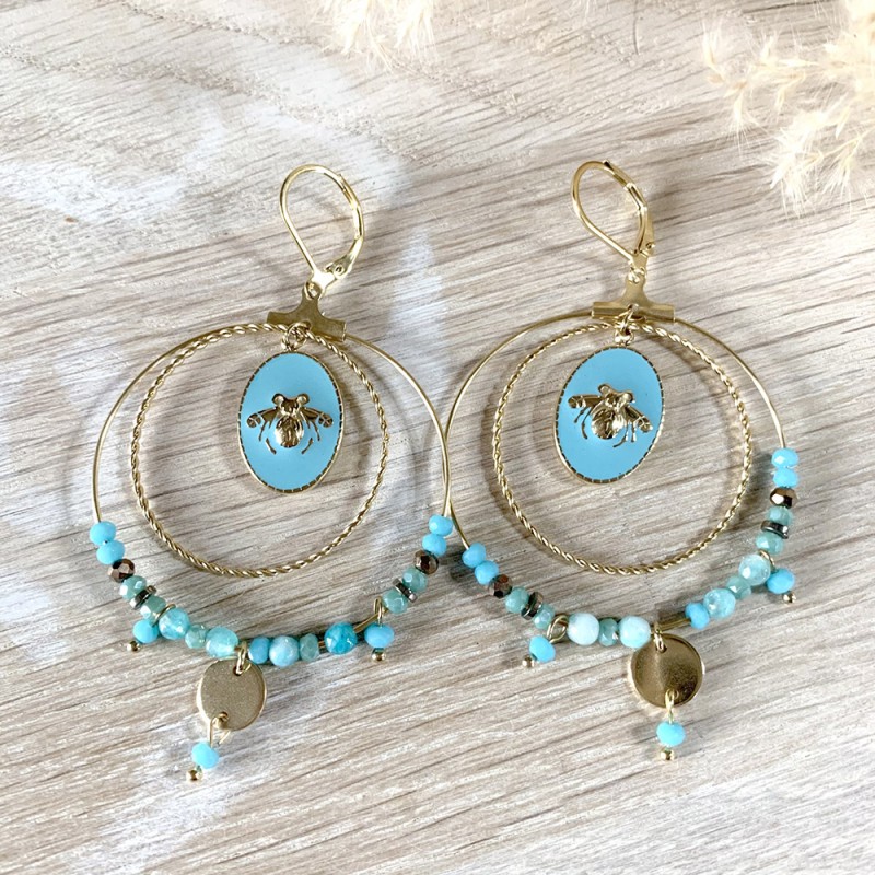 Boucles d'oreilles abeilles bleues turquoise